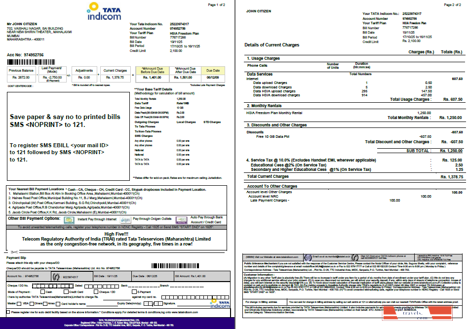 India Tata Indicom utility bill template in Word and PDF formats, 2 pages